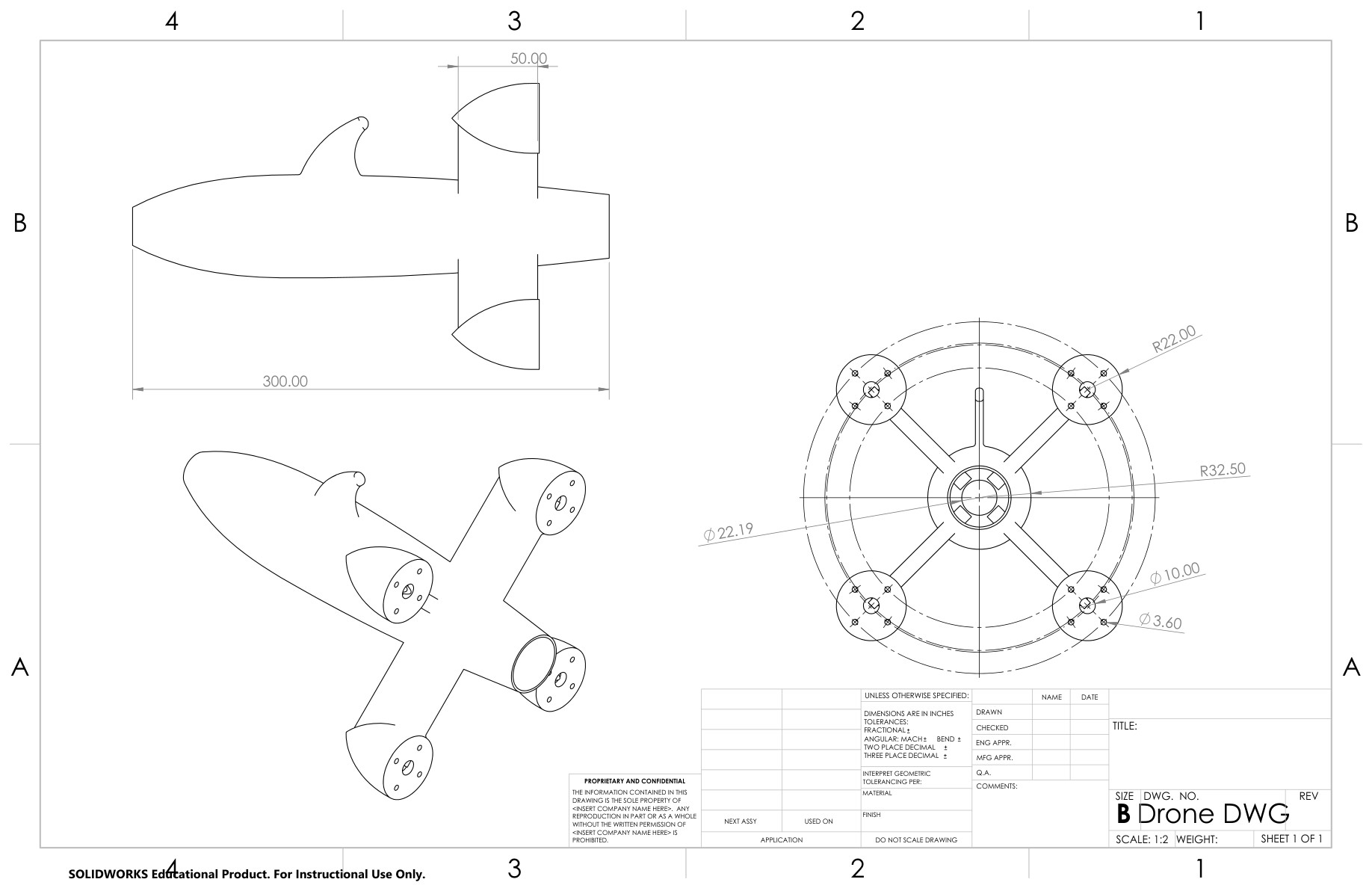 SolidWorks drone concept drawing showing dimensioned side and end views alongside an isometric view