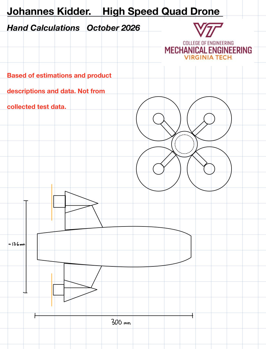 First page of the drone hand calculations, with plan and side-view sketches on engineering graph paper