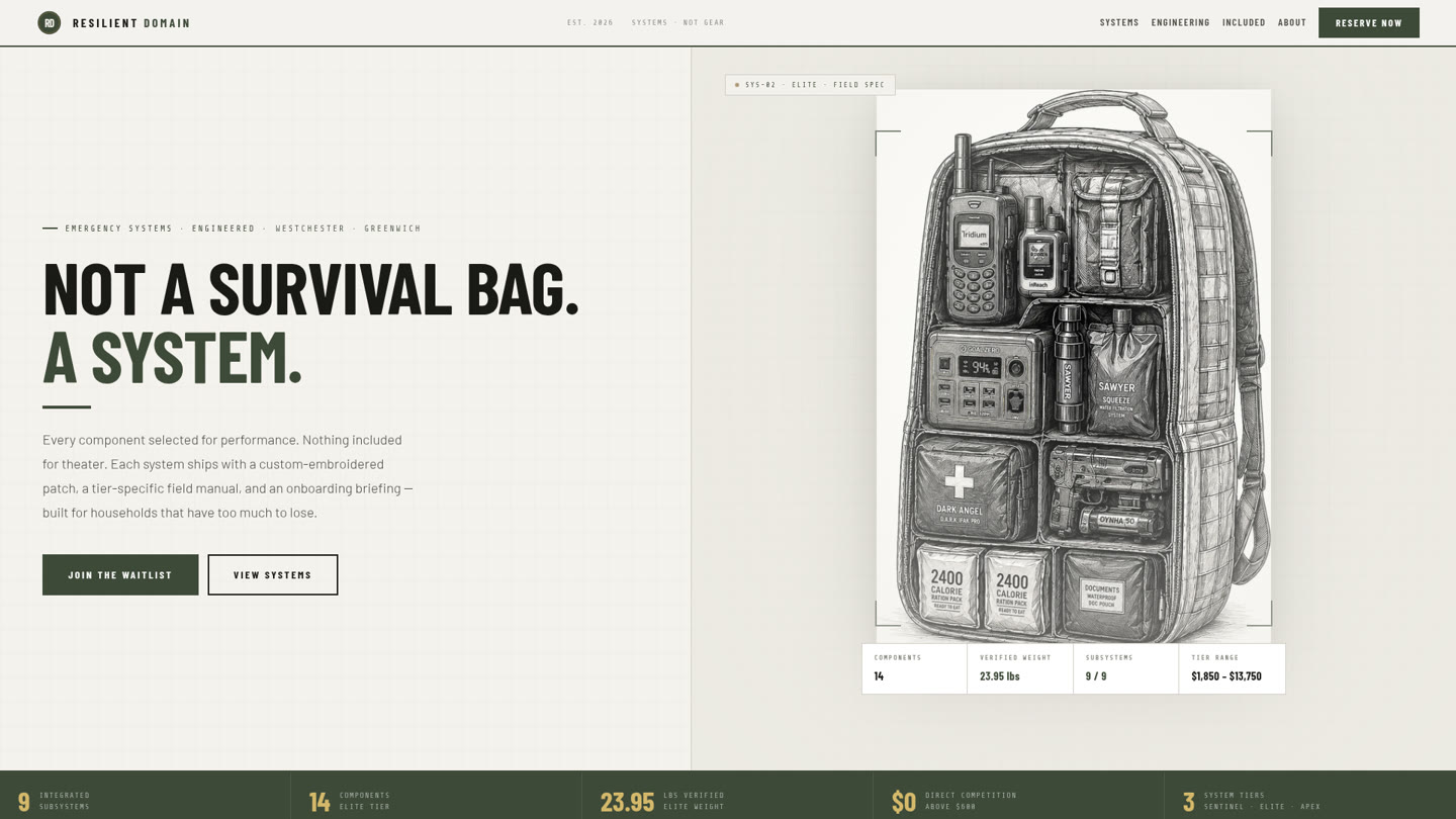 Screenshot of the live Resilient Domain website, showing its emergency systems landing page